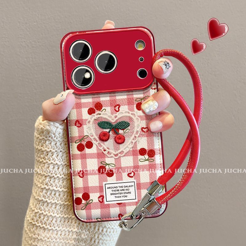 Cherry Heart Checkered Protective Phone Case with Wrist Strap – Red
