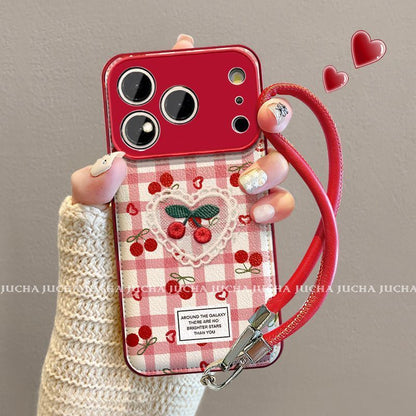 Cherry Heart Checkered Protective Phone Case with Wrist Strap – Red