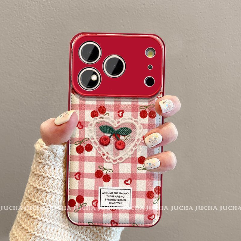 Cherry Heart Checkered Protective Phone Case with Wrist Strap – Red