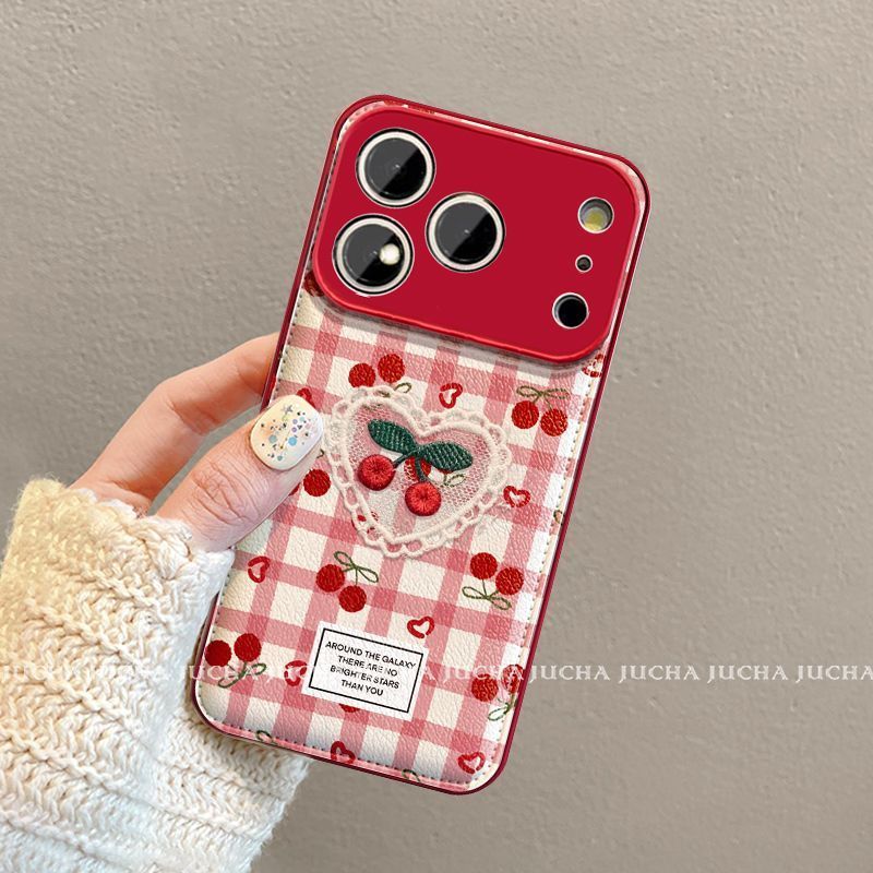 Cherry Heart Checkered Protective Phone Case with Wrist Strap – Red