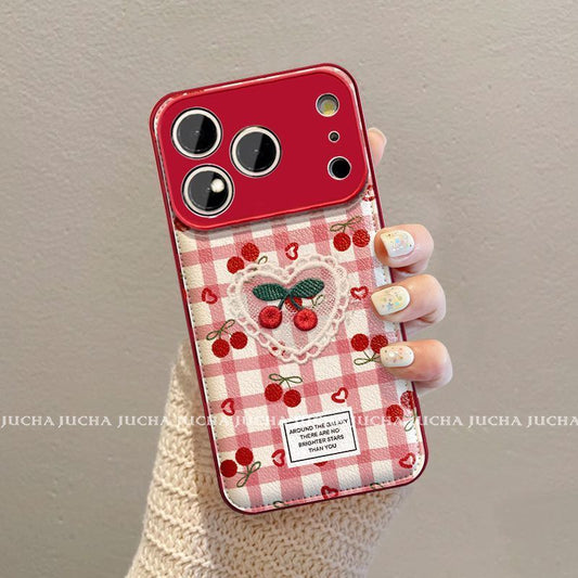 Cherry Heart Checkered Protective Phone Case with Wrist Strap – Red