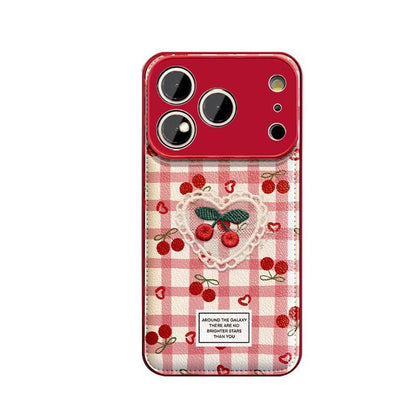 Cherry Heart Checkered Protective Phone Case with Wrist Strap – Red