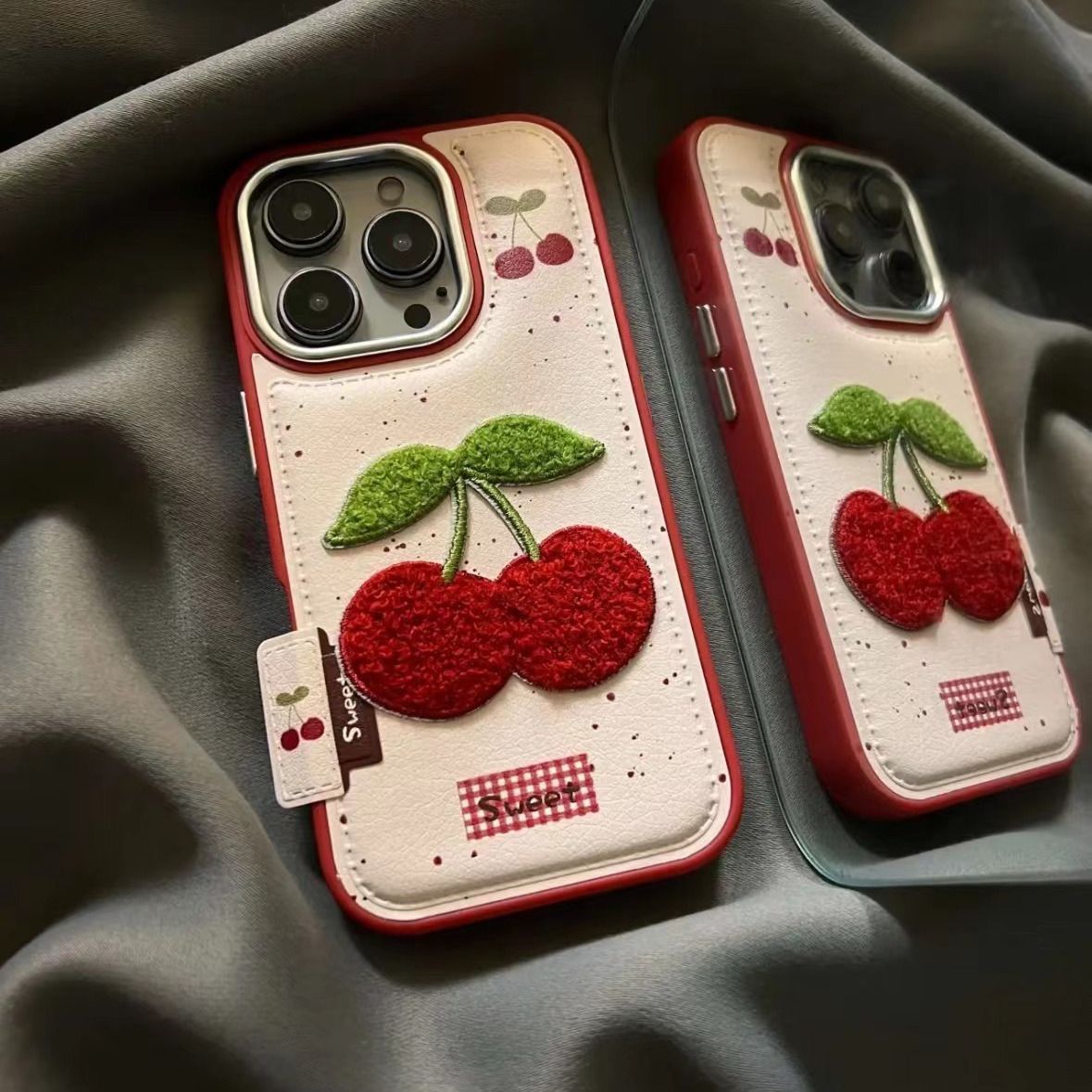 3D Cherry Embroidered Protective Phone Case – Cream & Red Border