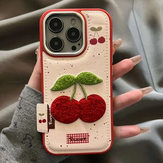 3D Cherry Embroidered Protective Phone Case – Cream & Red Border