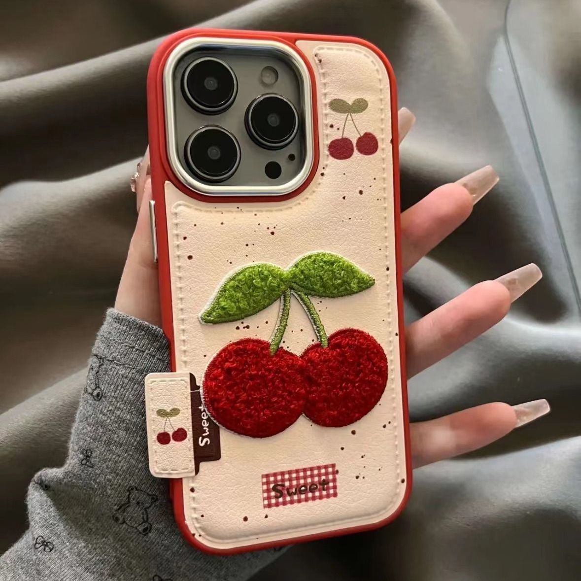 3D Cherry Embroidered Protective Phone Case – Cream & Red Border