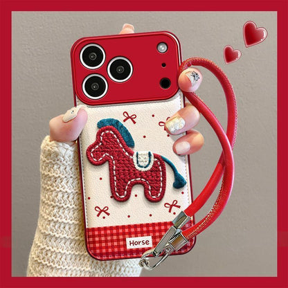 Cute Horse Embroidered Protective Phone Case – Red Border Design