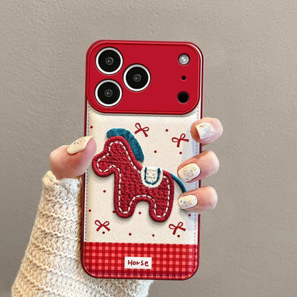 Cute Horse Embroidered Protective Phone Case – Red Border Design