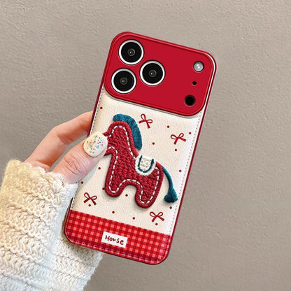 Cute Horse Embroidered Protective Phone Case – Red Border Design