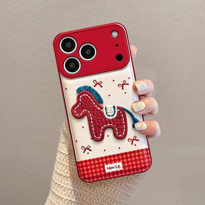 Cute Horse Embroidered Protective Phone Case – Red Border Design