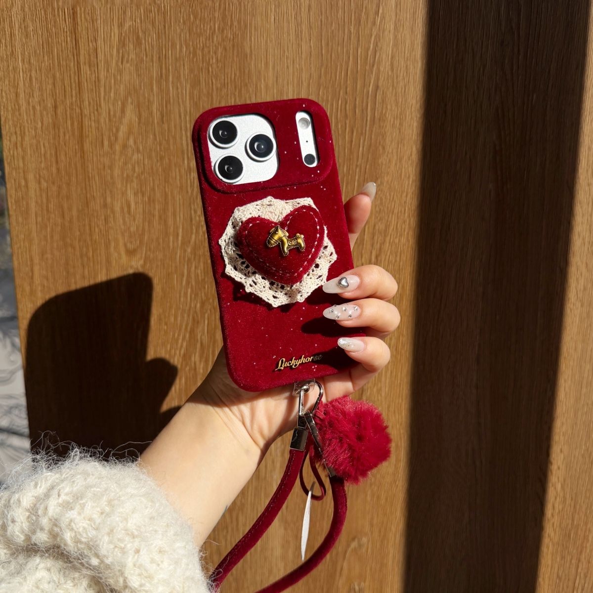 Velvet Heart Design Protective Phone Case with Pom-Pom Strap – Wine Red