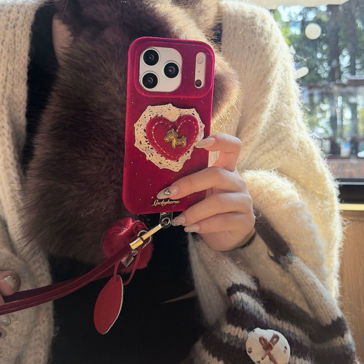 Velvet Heart Design Protective Phone Case with Pom-Pom Strap – Wine Red