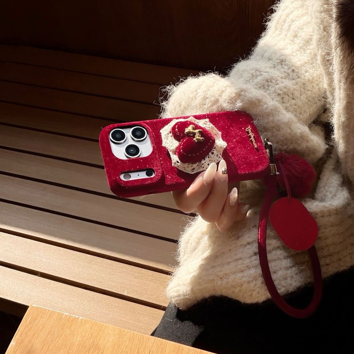 Velvet Heart Design Protective Phone Case with Pom-Pom Strap – Wine Red