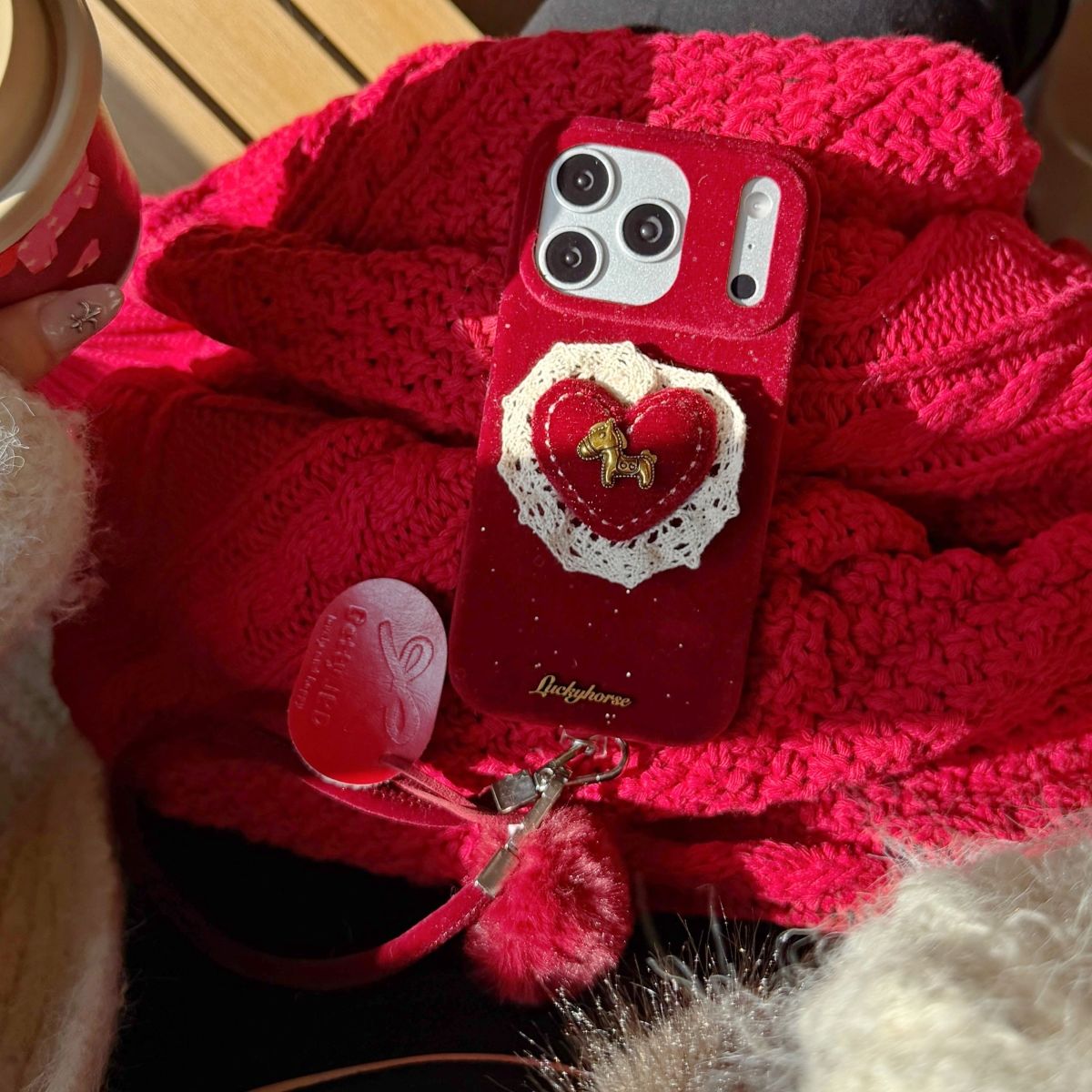 Velvet Heart Design Protective Phone Case with Pom-Pom Strap – Wine Red
