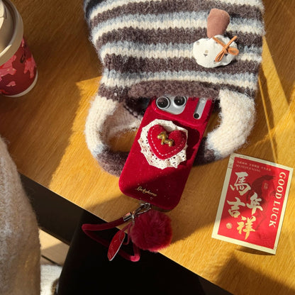 Velvet Heart Design Protective Phone Case with Pom-Pom Strap – Wine Red