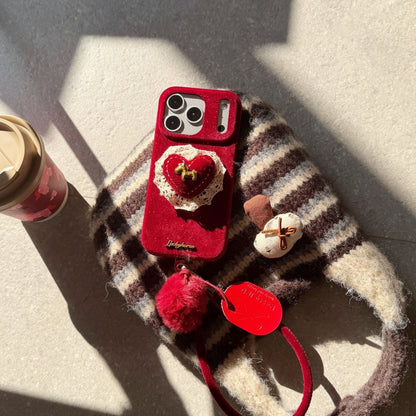 Velvet Heart Design Protective Phone Case with Pom-Pom Strap – Wine Red