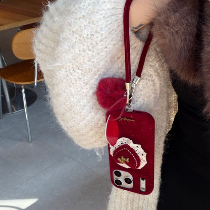 Velvet Heart Design Protective Phone Case with Pom-Pom Strap – Wine Red