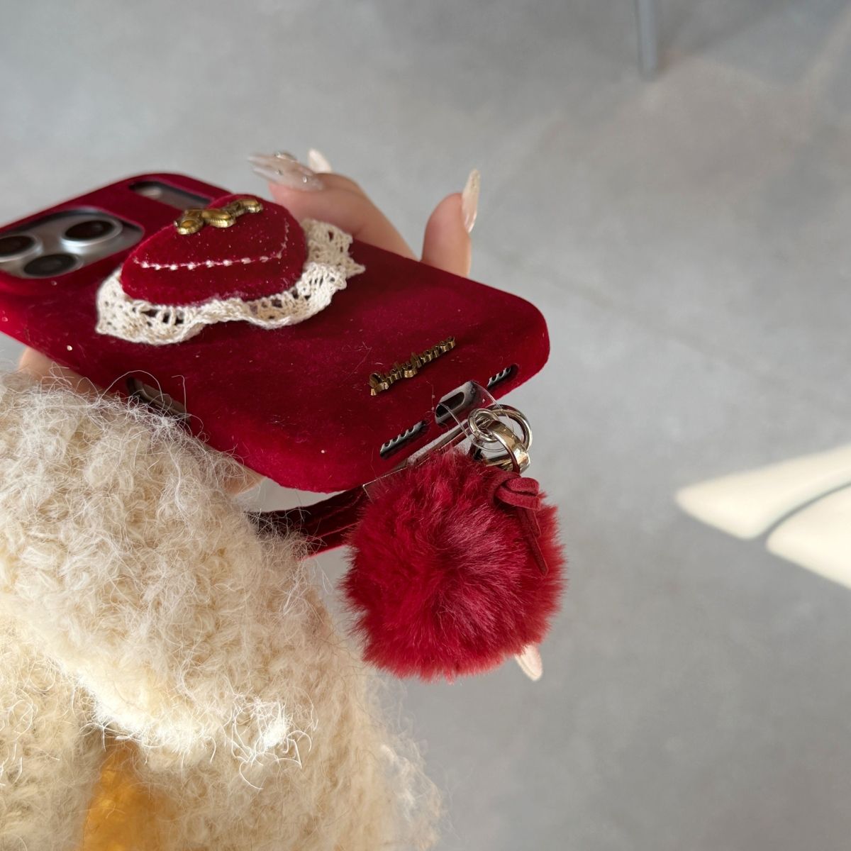 Velvet Heart Design Protective Phone Case with Pom-Pom Strap – Wine Red