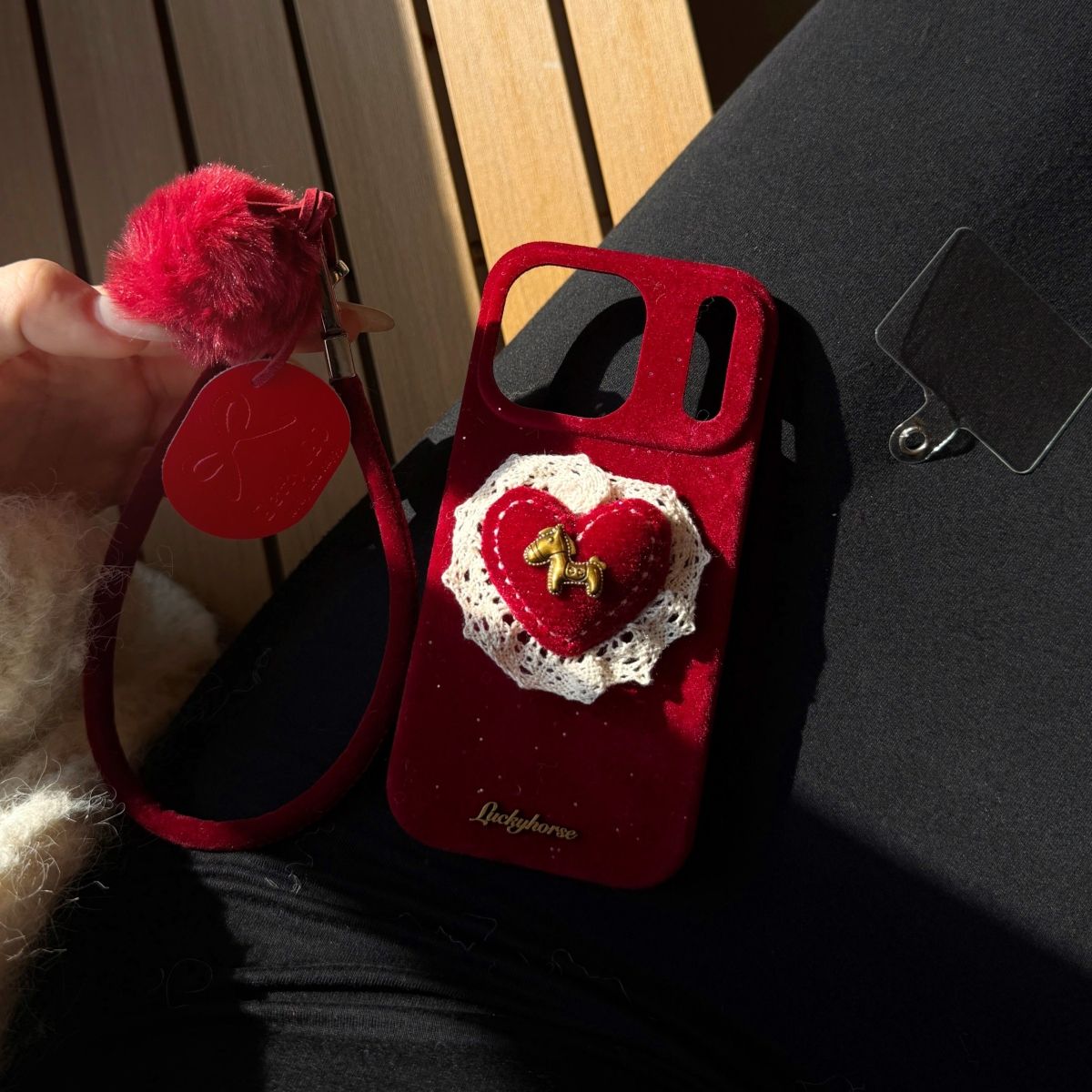 Velvet Heart Design Protective Phone Case with Pom-Pom Strap – Wine Red