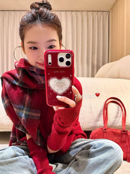 Glitter Heart Cartoon Design Protective Phone Case – Red Sparkle Finish