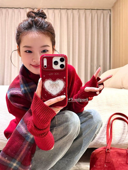 Glitter Heart Cartoon Design Protective Phone Case – Red Sparkle Finish
