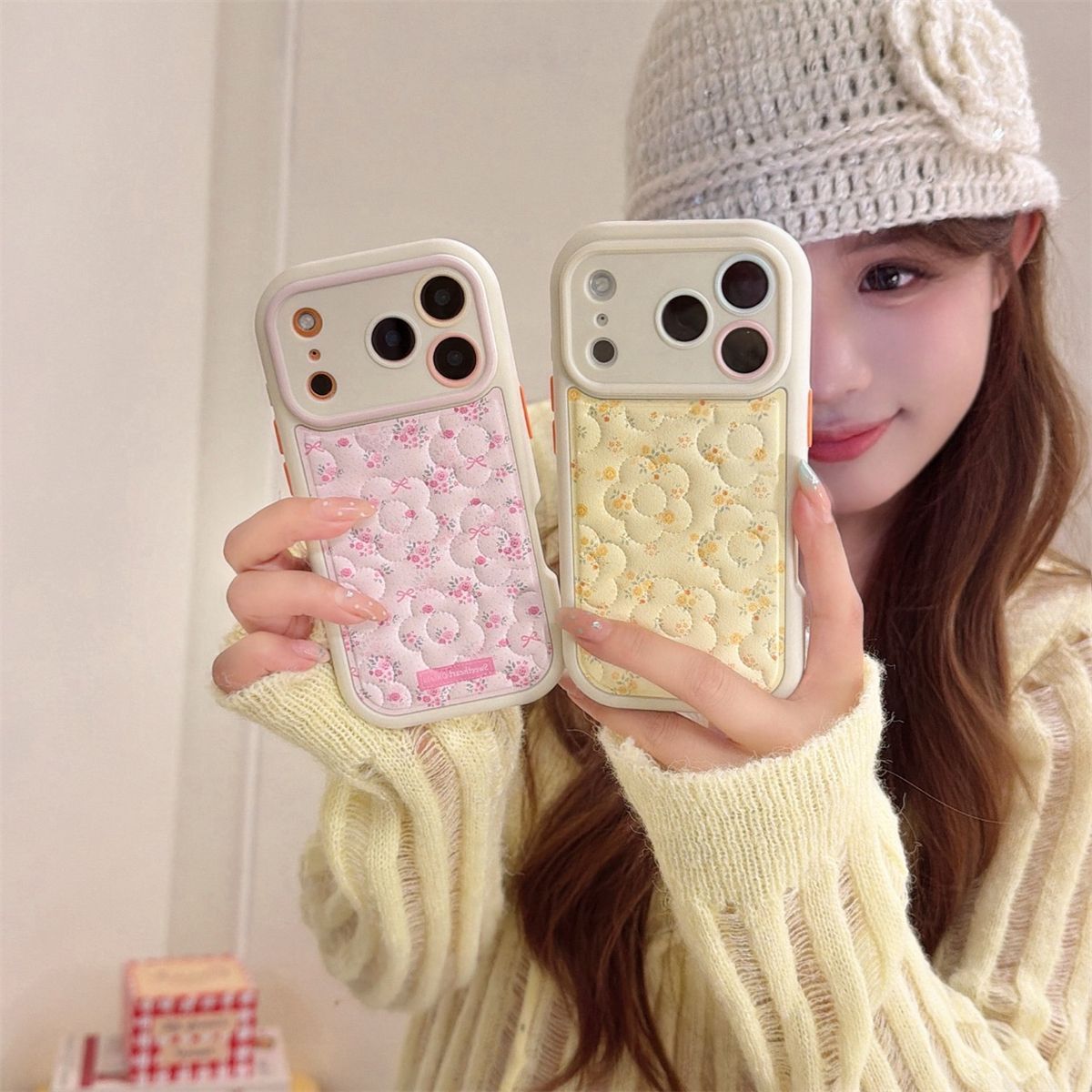 Cute Floral Quilted iPhone Case | Premium Soft Cushion Shockproof Protective Cover for iPhone