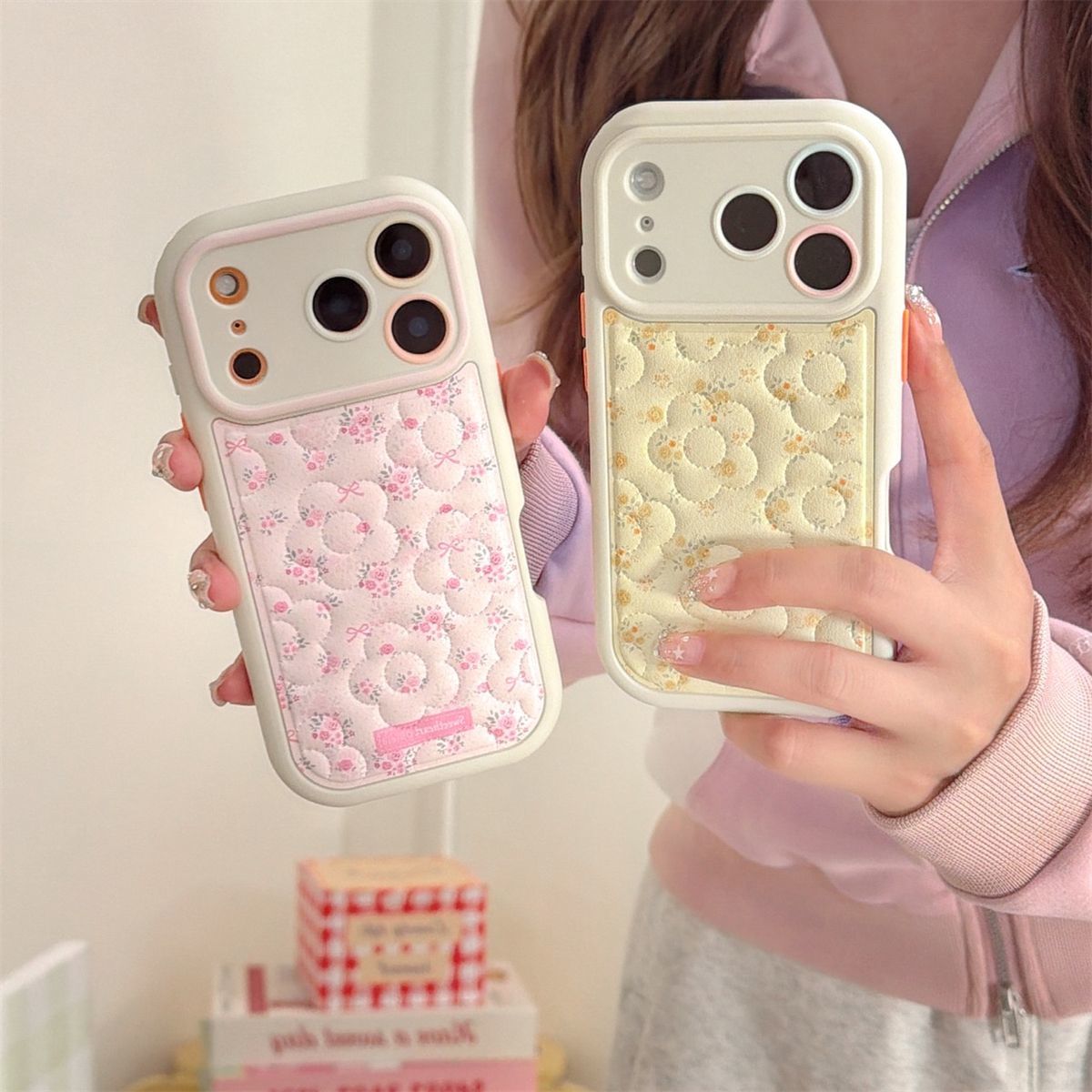 Cute Floral Quilted iPhone Case | Premium Soft Cushion Shockproof Protective Cover for iPhone