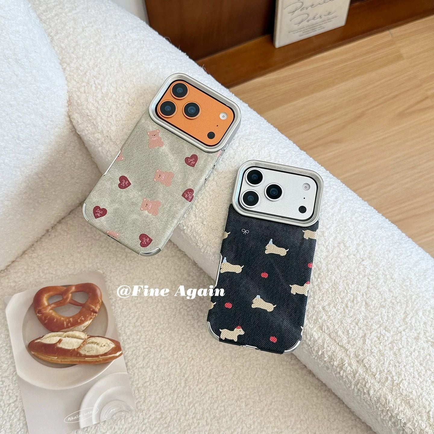 Cute Teddy & Heart Pattern iPhone Case | Premium Fabric Texture Shockproof Protective Cover for iPhone