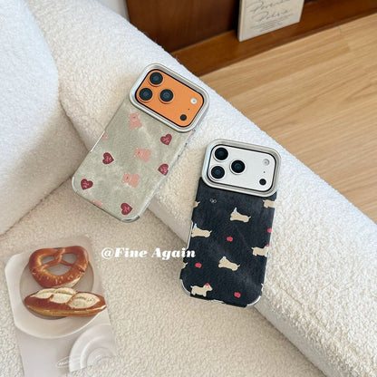 Cute Teddy & Heart Pattern iPhone Case | Premium Fabric Texture Shockproof Protective Cover for iPhone