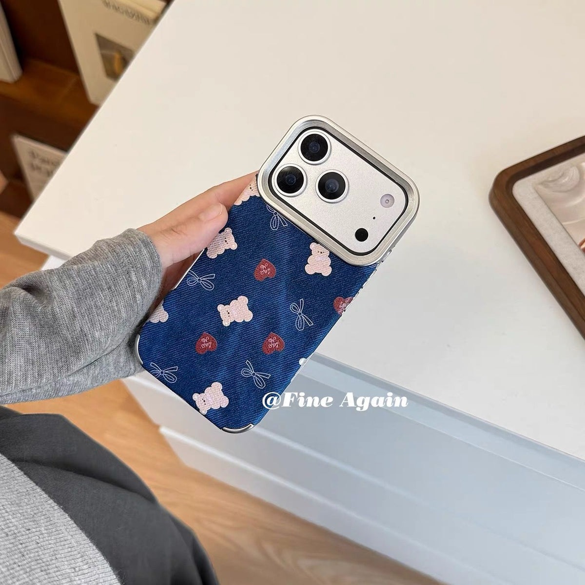 Cute Teddy & Heart Pattern iPhone Case | Premium Fabric Texture Shockproof Protective Cover for iPhone