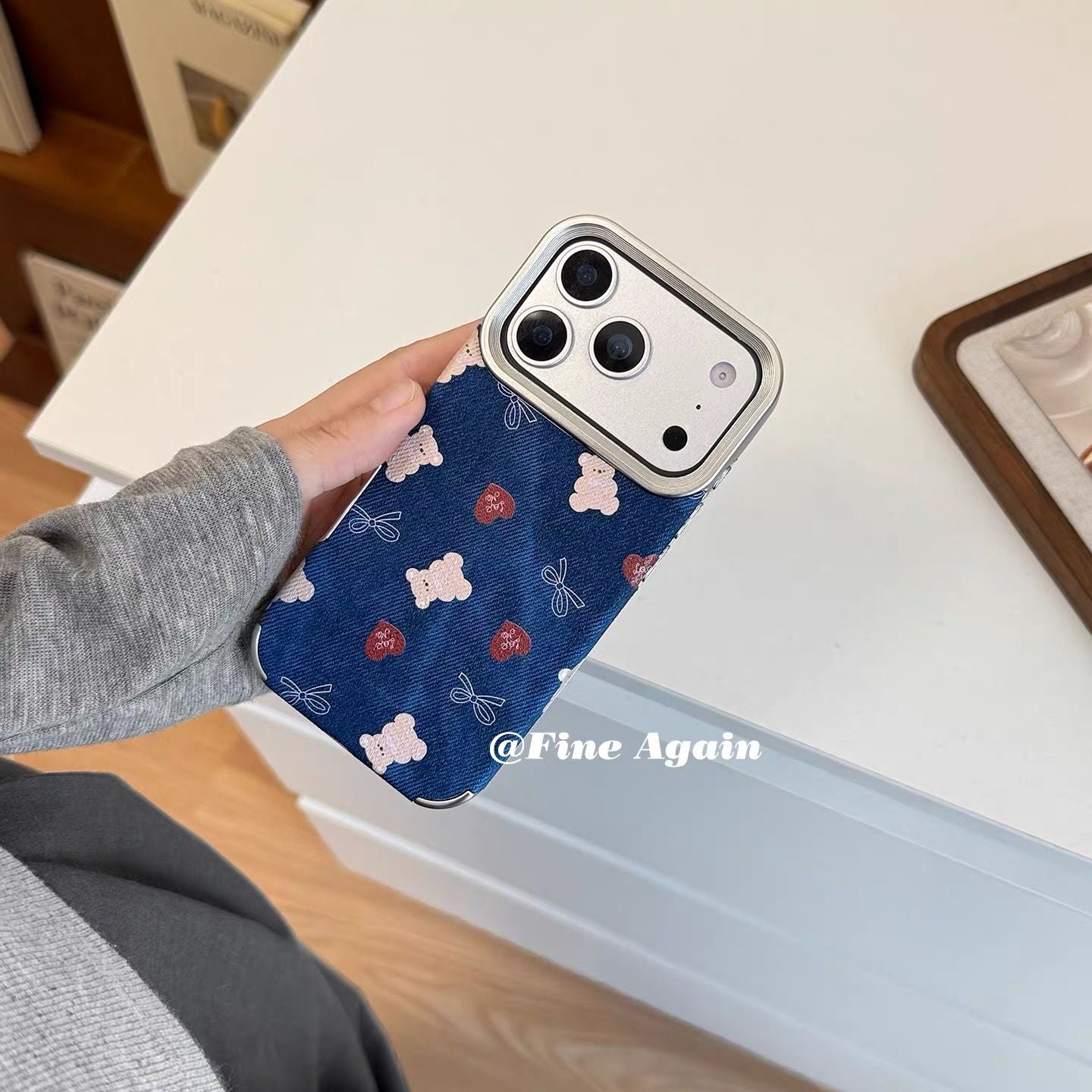 Cute Teddy & Heart Pattern iPhone Case | Premium Fabric Texture Shockproof Protective Cover for iPhone