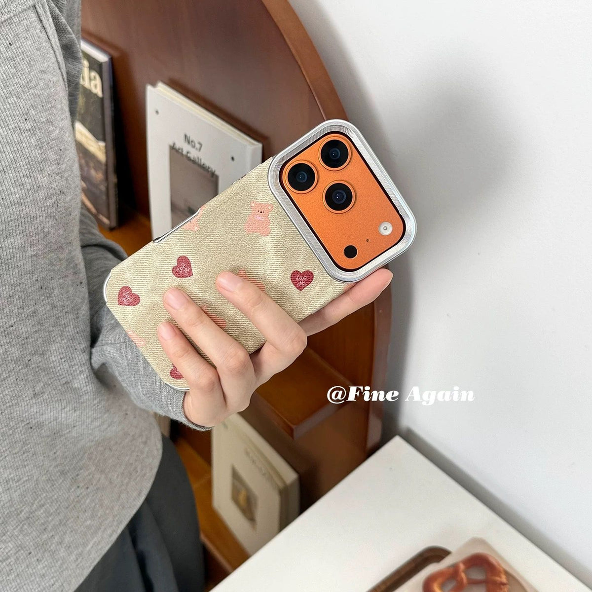 Cute Teddy & Heart Pattern iPhone Case | Premium Fabric Texture Shockproof Protective Cover for iPhone