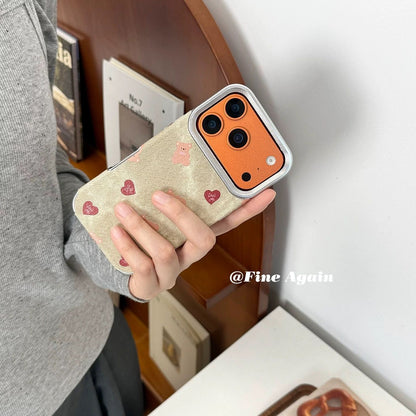 Cute Teddy & Heart Pattern iPhone Case | Premium Fabric Texture Shockproof Protective Cover for iPhone