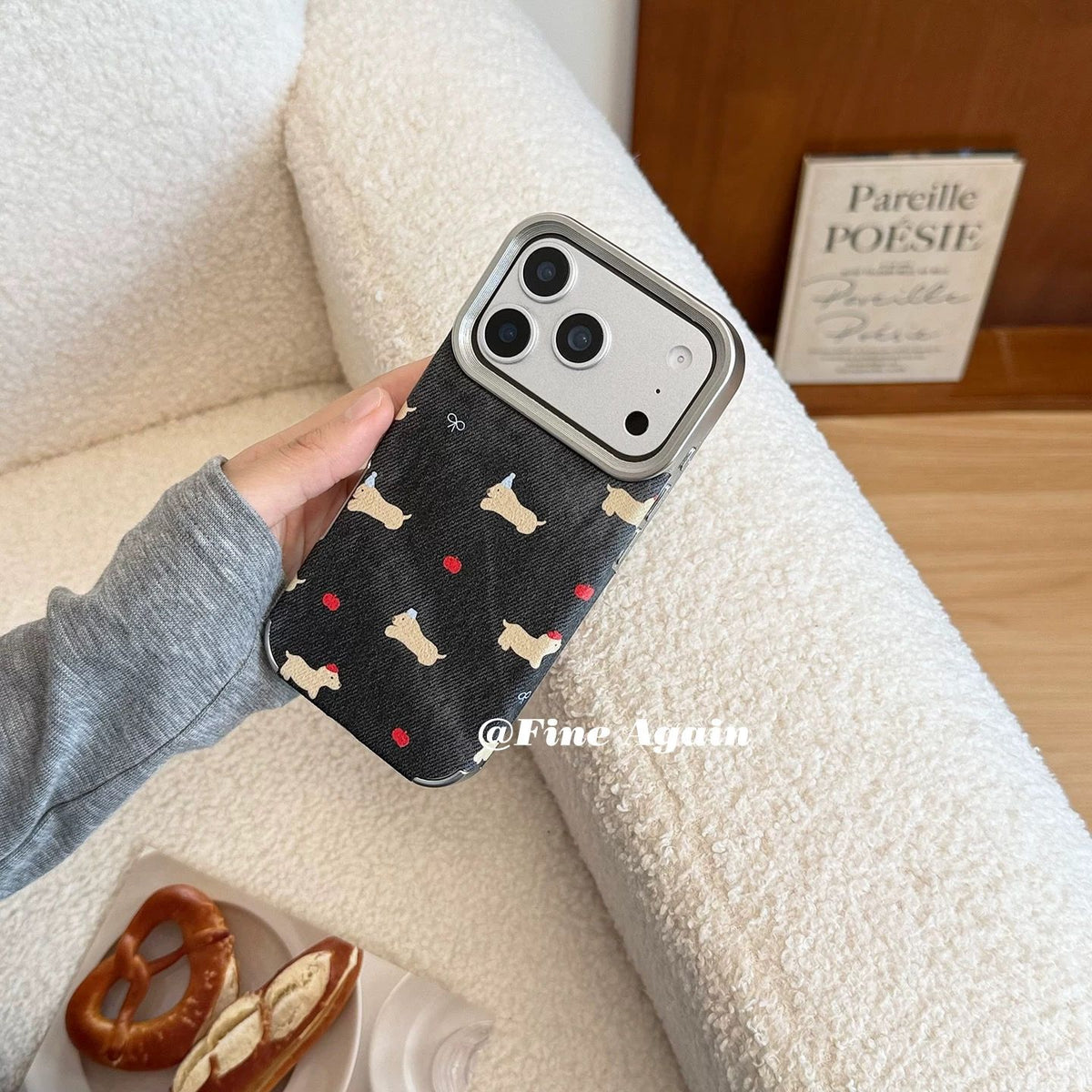 Cute Teddy & Heart Pattern iPhone Case | Premium Fabric Texture Shockproof Protective Cover for iPhone