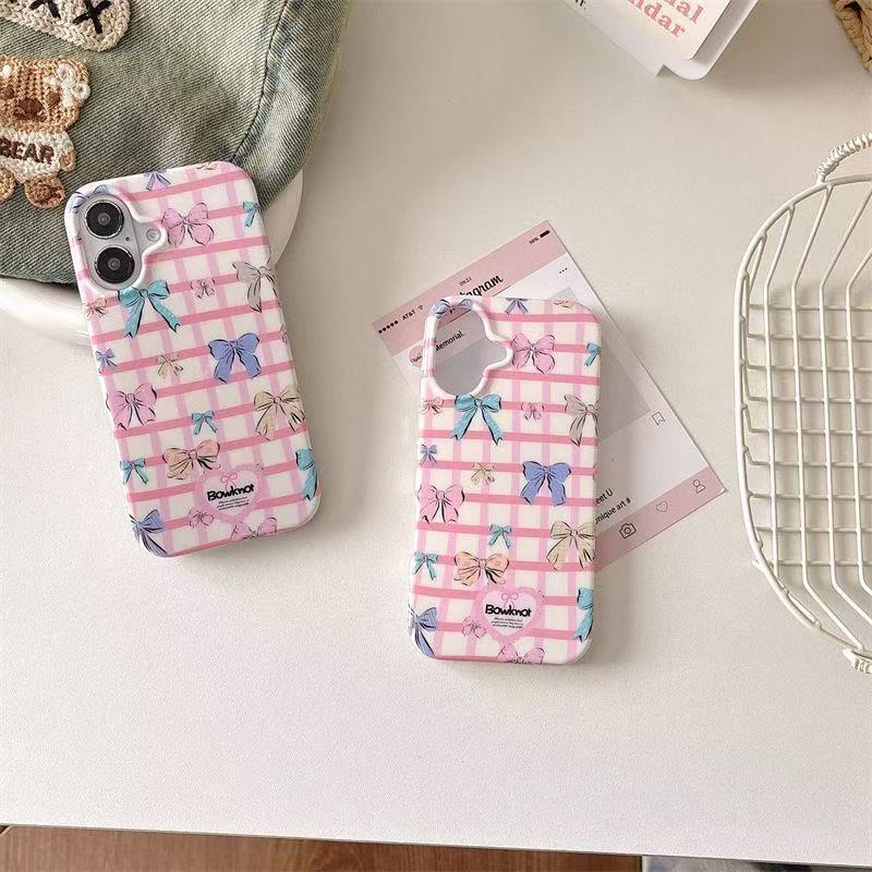 Cute Bow Grid Mobile Cover – Pink Aesthetic Designer Case
