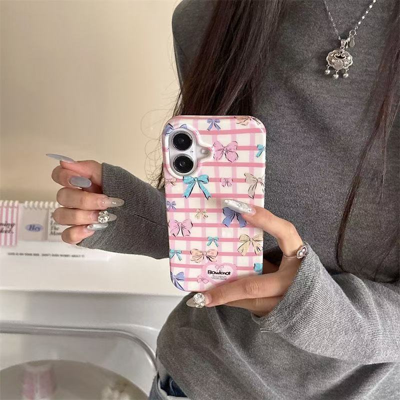 Cute Bow Grid Mobile Cover – Pink Aesthetic Designer Case