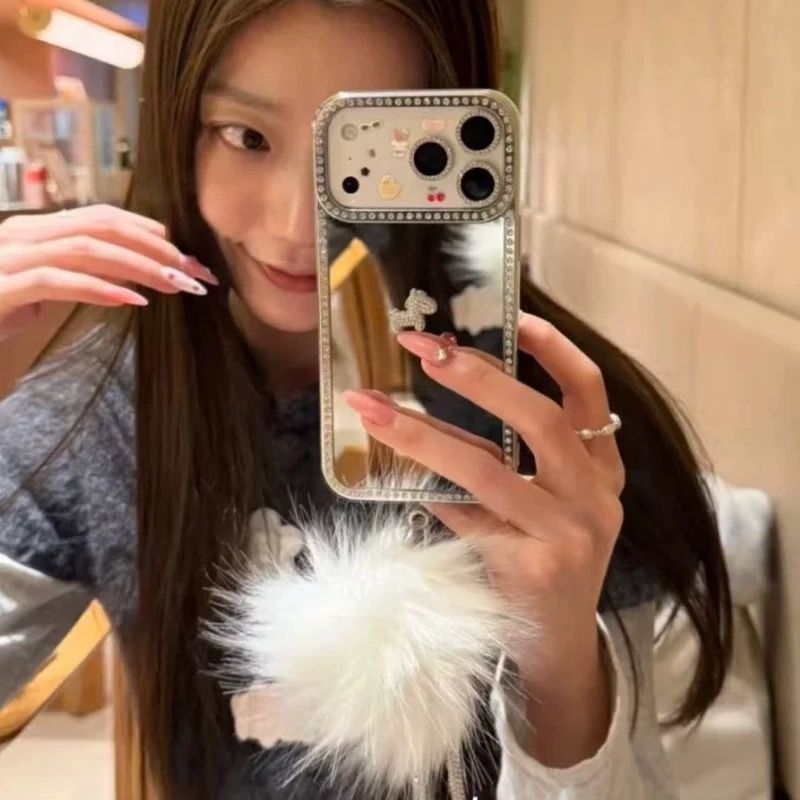 Luxury Mirror Mobile Cover with Fur Charm – Diamond Border Floral Case