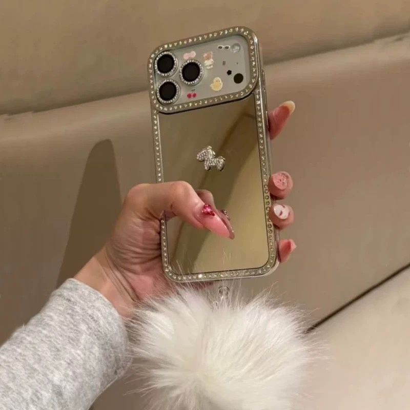 Luxury Mirror Mobile Cover with Fur Charm – Diamond Border Floral Case