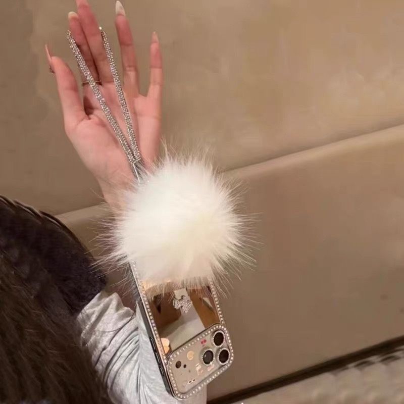 Luxury Mirror Mobile Cover with Fur Charm – Diamond Border Floral Case