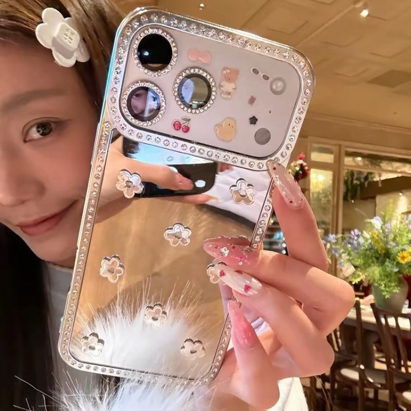 Luxury Mirror Mobile Cover with Fur Charm – Diamond Border Floral Case