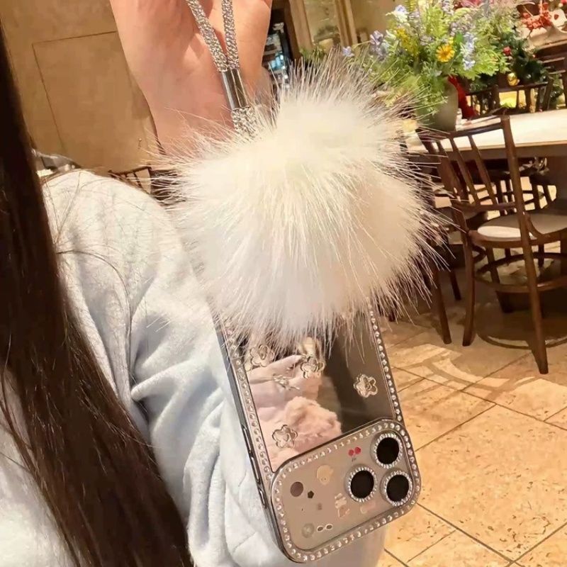 Luxury Mirror Mobile Cover with Fur Charm – Diamond Border Floral Case