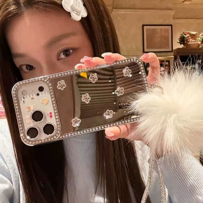 Luxury Mirror Mobile Cover with Fur Charm – Diamond Border Floral Case