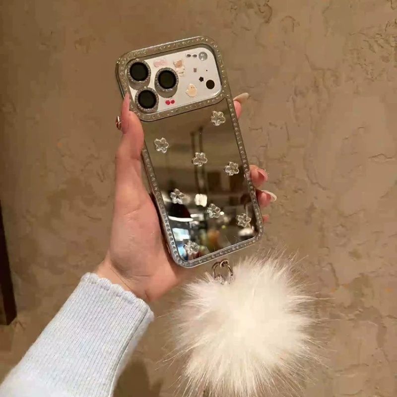 Luxury Mirror Mobile Cover with Fur Charm – Diamond Border Floral Case