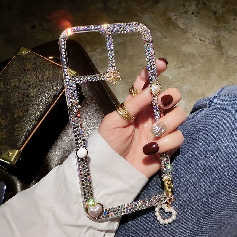 Luxury Crystal Frame Mobile Cover with Pearl Charm – Diamond Border Case