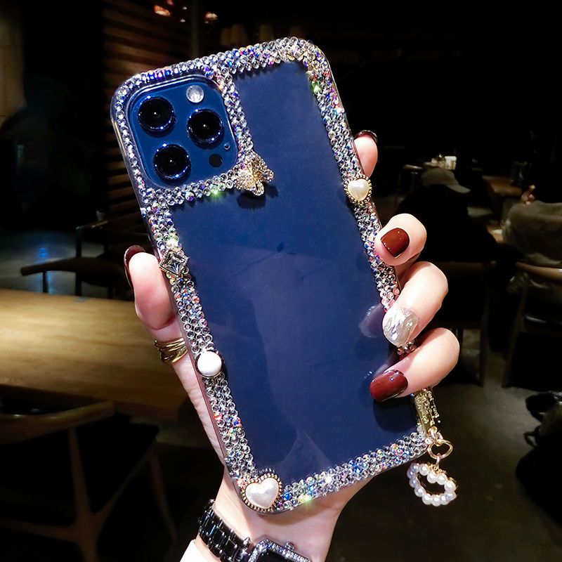 Luxury Crystal Frame Mobile Cover with Pearl Charm – Diamond Border Case