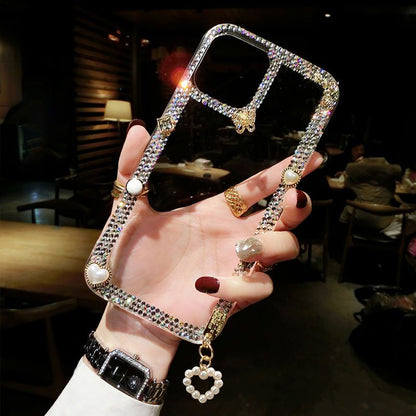 Luxury Crystal Frame Mobile Cover with Pearl Charm – Diamond Border Case