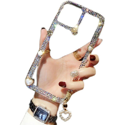 Luxury Crystal Frame Mobile Cover with Pearl Charm – Diamond Border Case