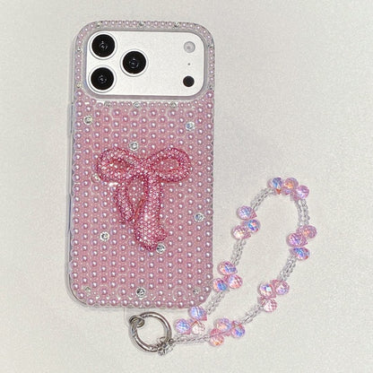 Pink Pearl Bow Mobile Cover with Beaded Strap – Luxury Cute Bling Case