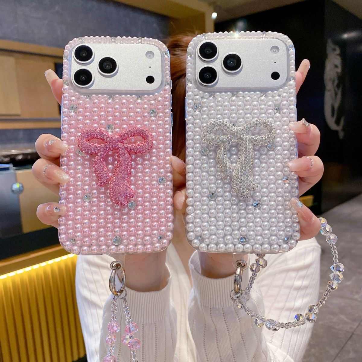 Pink Pearl Bow Mobile Cover with Beaded Strap – Luxury Cute Bling Case