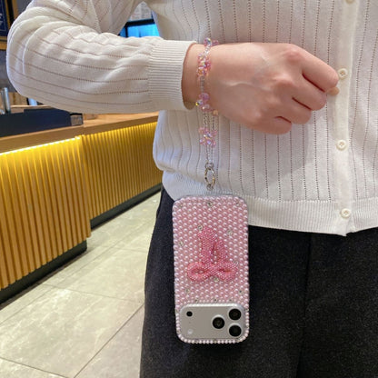 Pink Pearl Bow Mobile Cover with Beaded Strap – Luxury Cute Bling Case