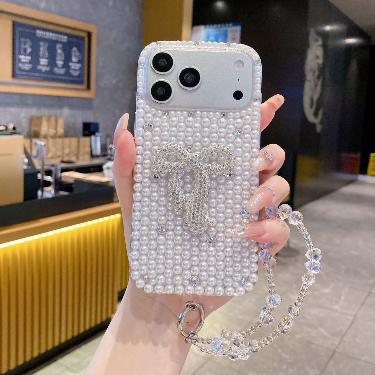 Pink Pearl Bow Mobile Cover with Beaded Strap – Luxury Cute Bling Case